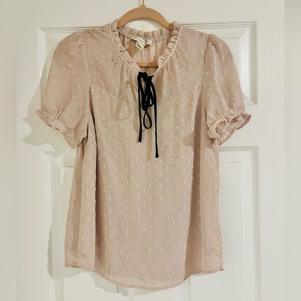 Blush pink blouse with black ribbon